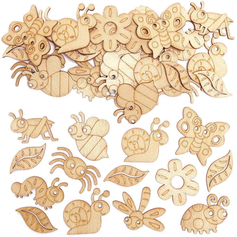 Baker Ross FC721 Bug Mini Wooden Shapes - Pack of 100, Wood Crafts for Kids, Card Making Supplies, Bug