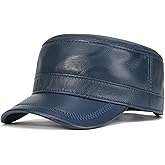 VOBOOM Leather Cadet Army Cap Adjustable Flat Top Military Style Hat for Men