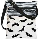 Laivybract Halloween Themed Print Crossbody Shoulder Bag for Women Friends | Goth Bat Skull Witch Sling Messenger Bag Cute Small Portable Adjustable Strap Handbag Boho Ethnic Phone Purse Zipper Unisex