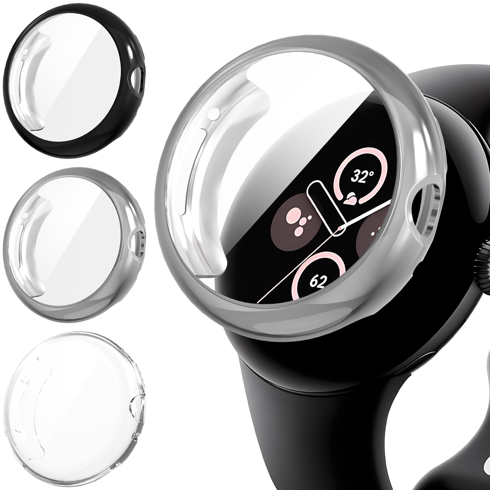 Diruite 3-Pack Cases for Google Pixel Watch 3/2/1 41mm Screen Protector TPU Screen Protector Cover,Black&Silver&Transparent