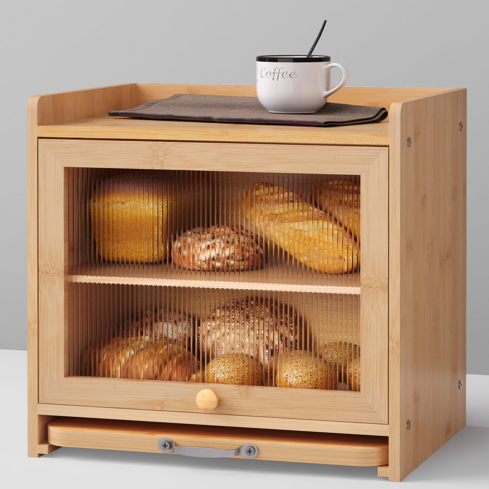 Photo 1 of ***DAMAGED -SELLING AS IS*** bamzc brz Bamboo Bread Box for Kitchen Countertop, Double Layer Kitchen Counter Organizers and Storage for Fruits, Tea, Spices, Coffee, Vintage Bread Bin Container with Cutting Board, Natural