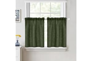 MIULEE Cafe Curtains 24 Inch Length Half Window Curtain Semi Sheer Farmhouse Short Linen Drapes for Kitchen Bathroom Basement Small Window, Rod Pocket Tier Curtains 2 Panels W26XL24, Olive Green