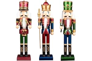 KI Store Christmas Nutcracker Set of 3 15-Inch Wooden King and Soldier Nutcracker Figurine Display Set for Christmas Decorations