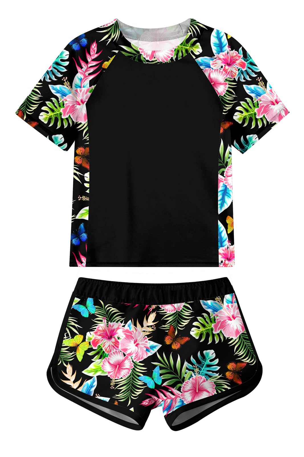 Photo 1 of ADUKIDE Girls Swimsuit Size 8-9T Kid Rash Guard Bathing Suit Short Sleeve Two Piece Swim Suit Black Hawaii Flowers Print Beachwear
