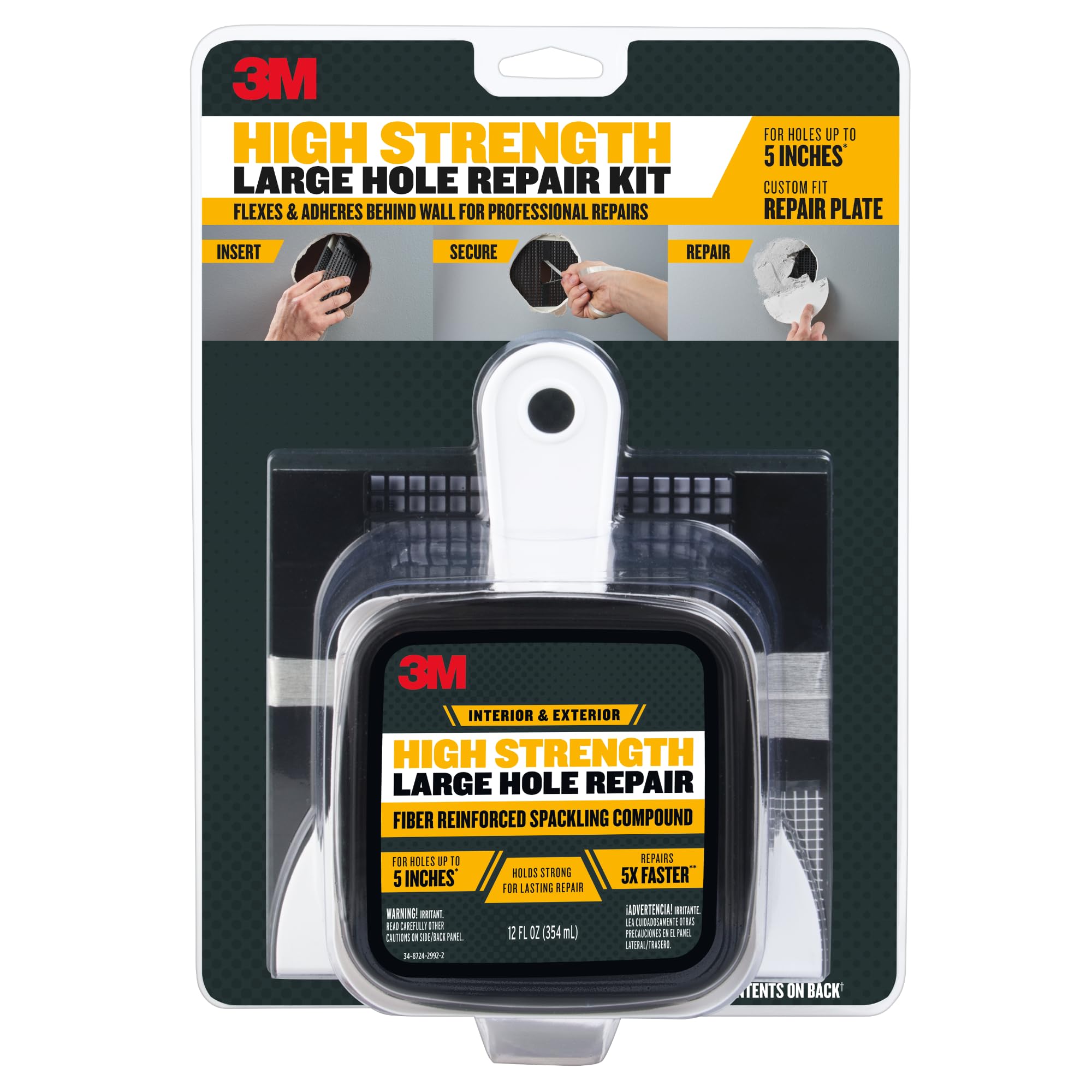 Photo 1 of 3M High Strength Large Hole Repair Kit, Includes Fiber Reinforced Spackling Compound (12 oz.), Repair Plate, Putty Knife and Sanding Sponge, For Easy Wall Repair, No Shrinking or Cracking (LHR-KIT)