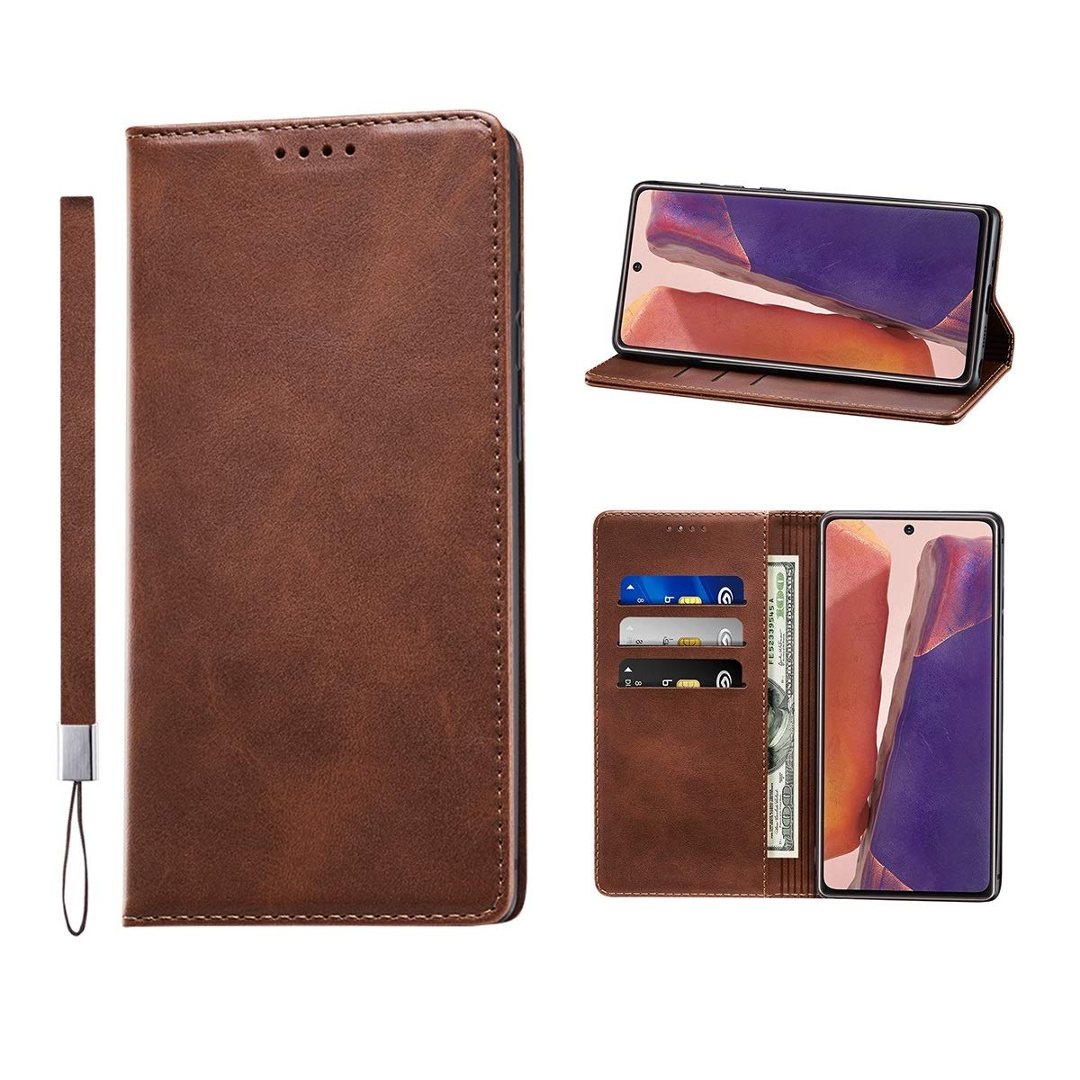 Huping Samsung Note 20 Case, Wallet Case Card Holder [with wrist strap] Leather Shockproof Flip Cover For Samsung Galaxy Note 20 - Dark brown