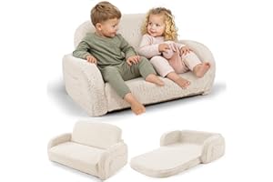 LITTLE DOVE 2-in-1 Sherpa Fold Out Kids Couch, Extra Wide Comfy Toddler Chair, Convertible Kids Sofa to Lounger, Foldable Toddler Couch with High Density Foam, Modern Kids Sofa Bed for Boys & Girls 3+, Beige