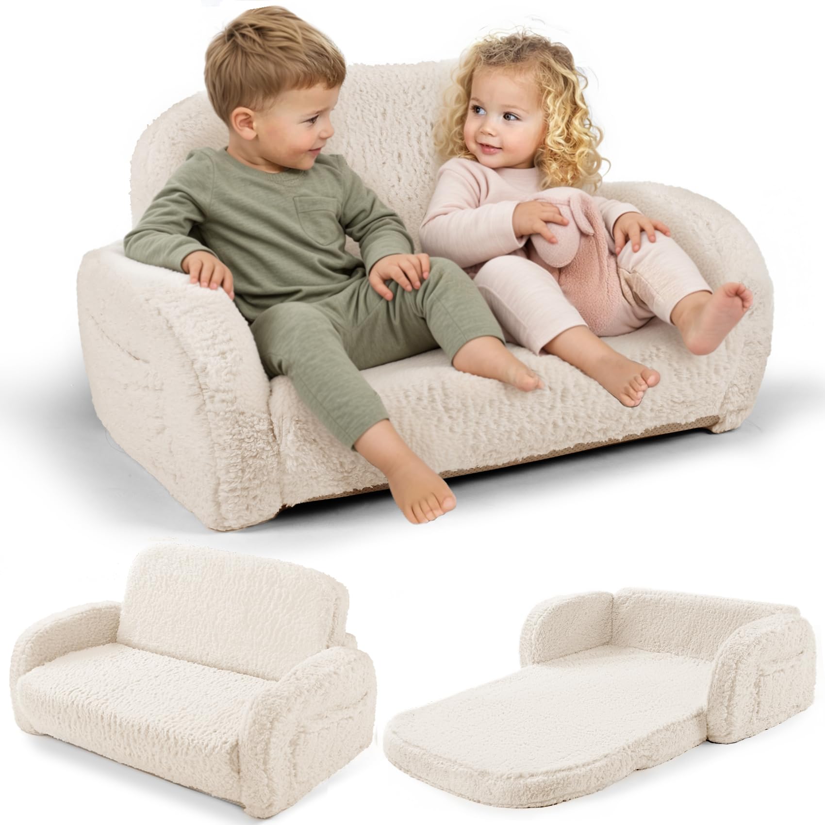 Photo 1 of 2-in-1 Sherpa Fold Out Kids Couch, Extra Wide Comfy Toddler Chair, Convertible Kids Sofa to Lounger, Foldable Toddler Couch with High Density Foam, Modern Kids Sofa Bed for Boys & Girls 3+, Beige