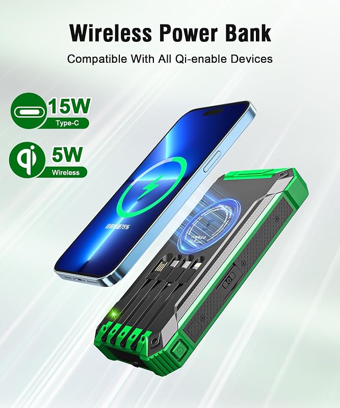 Wireless Solar Powerbank 26800mAh mit 4 Kabel, 15W Schnellladung für Handy
