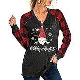 SFHFY Christmas Shirts for Women: Gnomes Plaid T-Shirt Xmas Long Sleeve Raglan Tee Holiday Vacation Pullover Tops