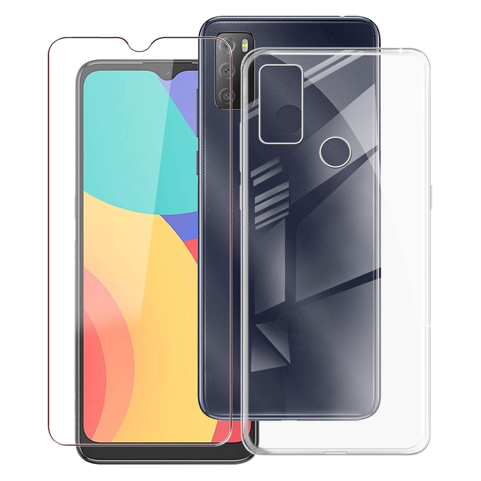 KJYF Transparent Bumper TPU Cover + Tempered Glass Screen Protector for Alcatel 1S 2021 (6.52 Inches), Film Tempered Glass Film + Silicone Shell Case Mobile Phone Case – Transparent
