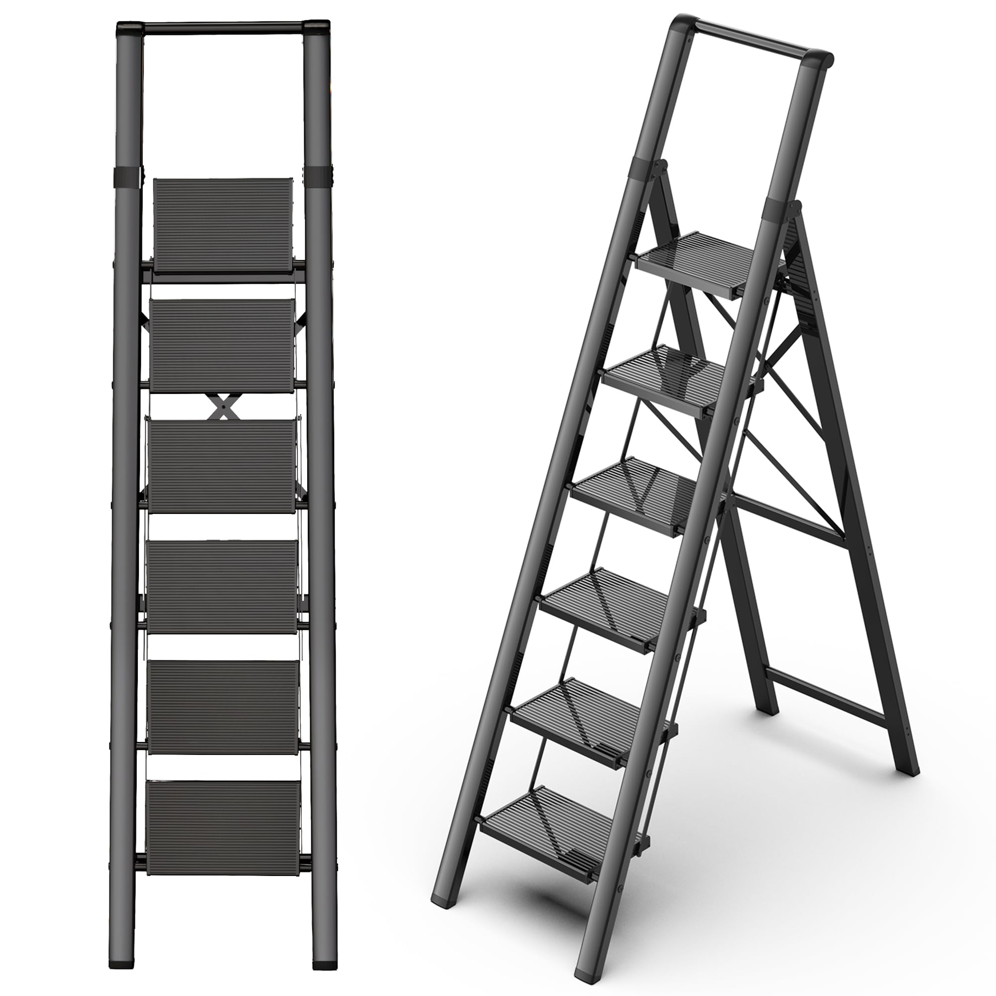 Photo 1 of GameGem Step Ladder 6 Step Folding, Aluminum Ladders for High Ceilings, Tall Closet, Cabinet, 6 ft Lightweight Step Ladder with Anti-Slip Foot for Home Use, 330Lbs Load, Black