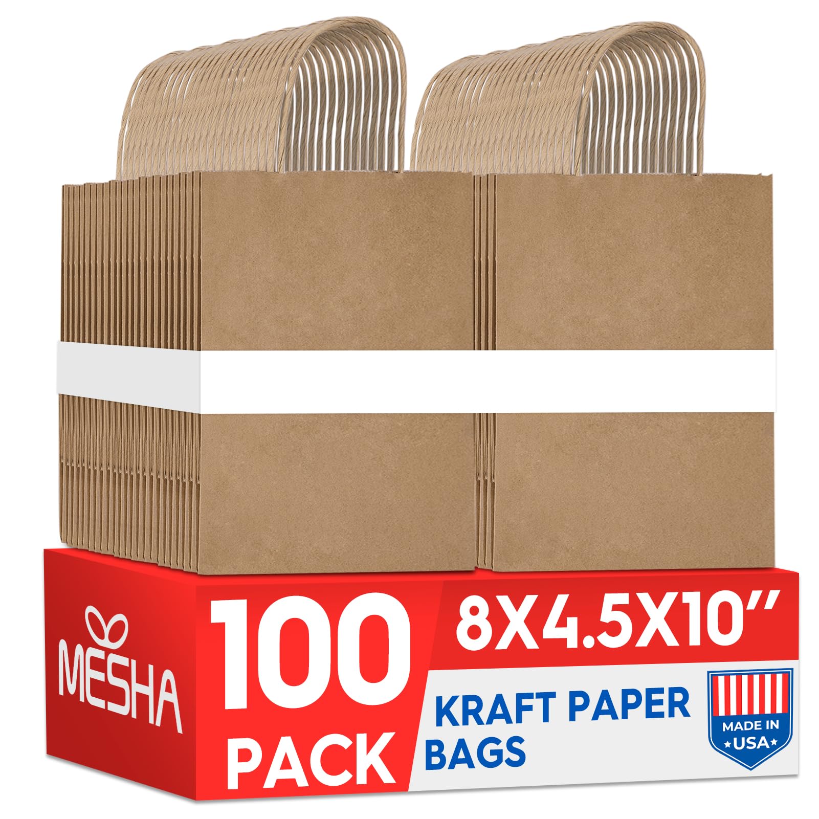 Photo 1 of MESHA Gift Paper Bags Brown 8x4.25x10.5 Inch 100 Pack,Kraft Gift Bags with Handles Bulk,Medium Size Craft Bag for Shopping Birthday Party Favor Grocery Retail Merchandise Wedding(Made in USA)