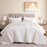Queen Comforter Set Cream White 7 Pieces Bed in a Bag Fluffy Bedding Set | Soft Fleece Bed Set, Stripe Design, with Sheets, Pillowcases &amp; Shams, All Season Warm, Breathable, Bedding Sets, Ideal Gift
