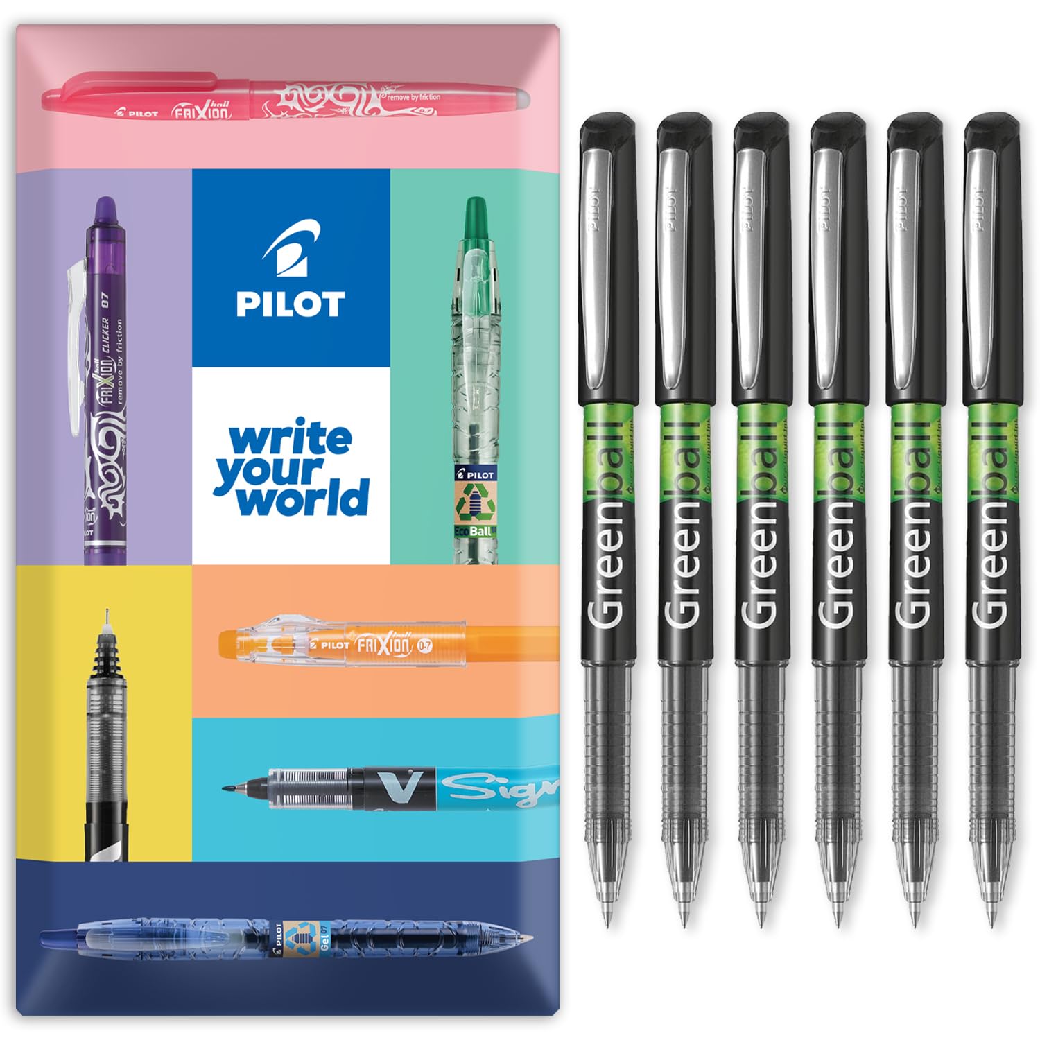 PILOT GreenBall Liquid Ink Rollerball Pen - Begreen Range 89% Recycled - Pack of 6 Pens - Medium 0.7mm Nib - Ideal for Writing, School, Home, Revision, Office - In Envelope Gift Packaging (Black)