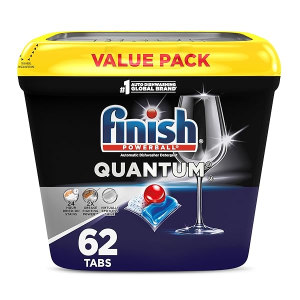 FINISH QUANTUM DISHWASHER PODS, NO PRE-RINSE DISHWASHER DETERGENT SOAP REMOVES 24HR DRIED-ON STAIN AND GREASE, LEAVING A VIRTUALLY SPOTLESS SHINE, 62 COUNT
