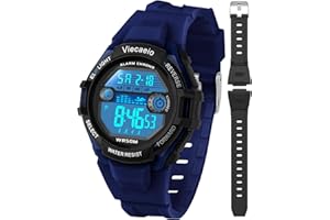 Viecaeio Kids Digital Watch for Boys Girls Ages 5-18, 50M Waterproof & Shockproof Sports Watch with 7-Color LED Backlight, Alarm, Stopwatch, Calendar, 2 Soft BPA-Free Silicone Straps
