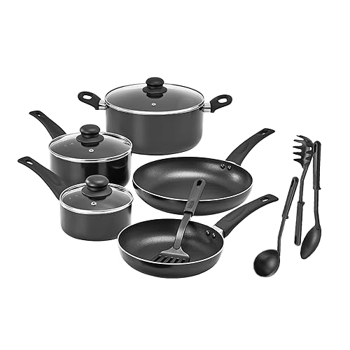 bella Cookware Set, 12 Piece Pots and Pans with Utensils, Nonstick PFOA Free Scratch Resistant Cooking Surface Compatible with All Stoves, Nylon and Aluminum, Black