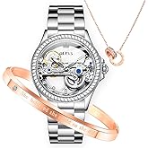 OLEVS Automatic Womens Watches Mechanical Diamond Skeleton Luxury Dress Stainless Steel Silver/Rose Gold Waterproof Luminous Ladies Wrist Watches Gift Set