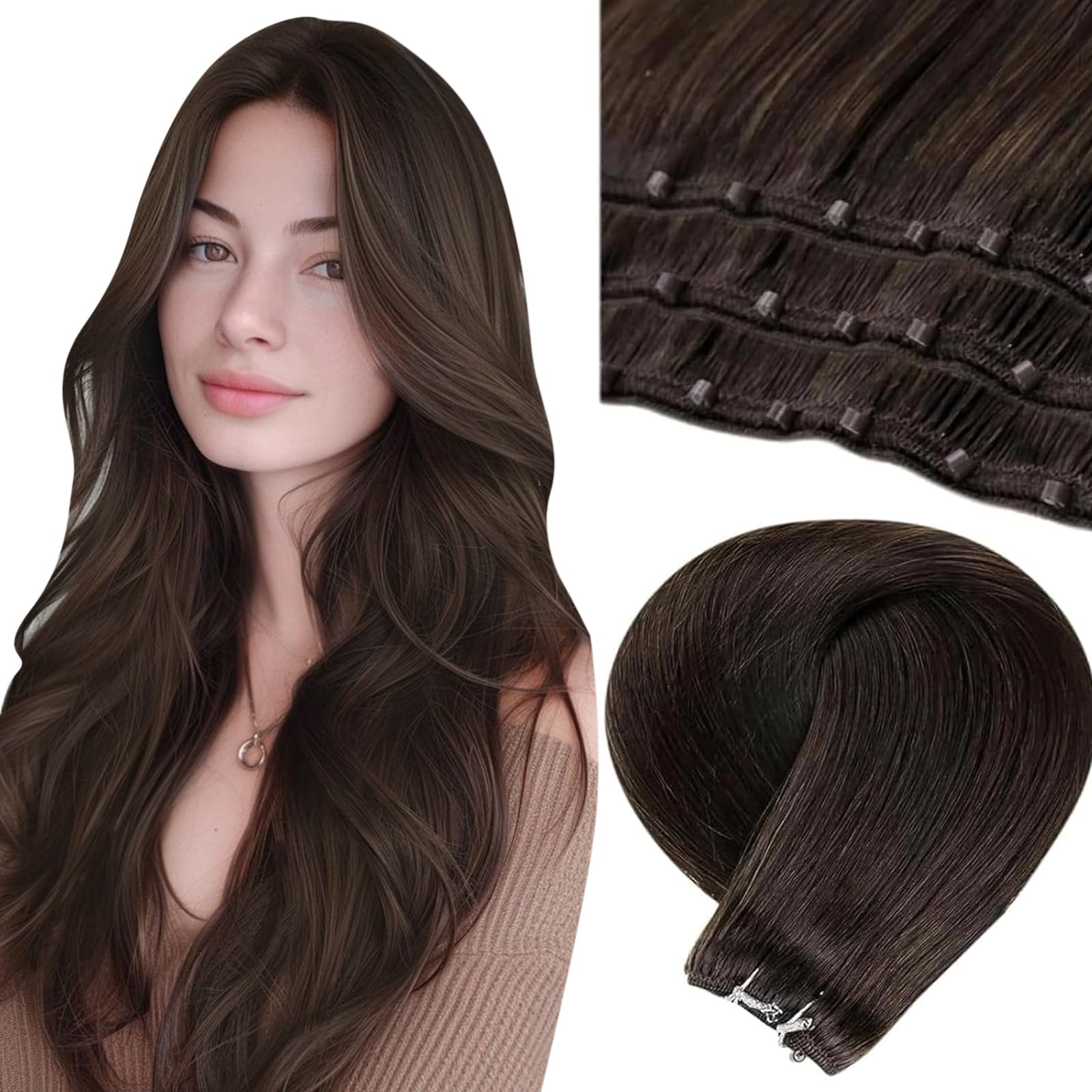 LaaVoo Micro Loop Weft Brown Micro Bead Weft Hair Extensions #2 Dark Brown 22inch Straight Natural Real Human Hair Micro Ring Weft Hair Extensions Remy Hair Extension 50g/50s — image 1