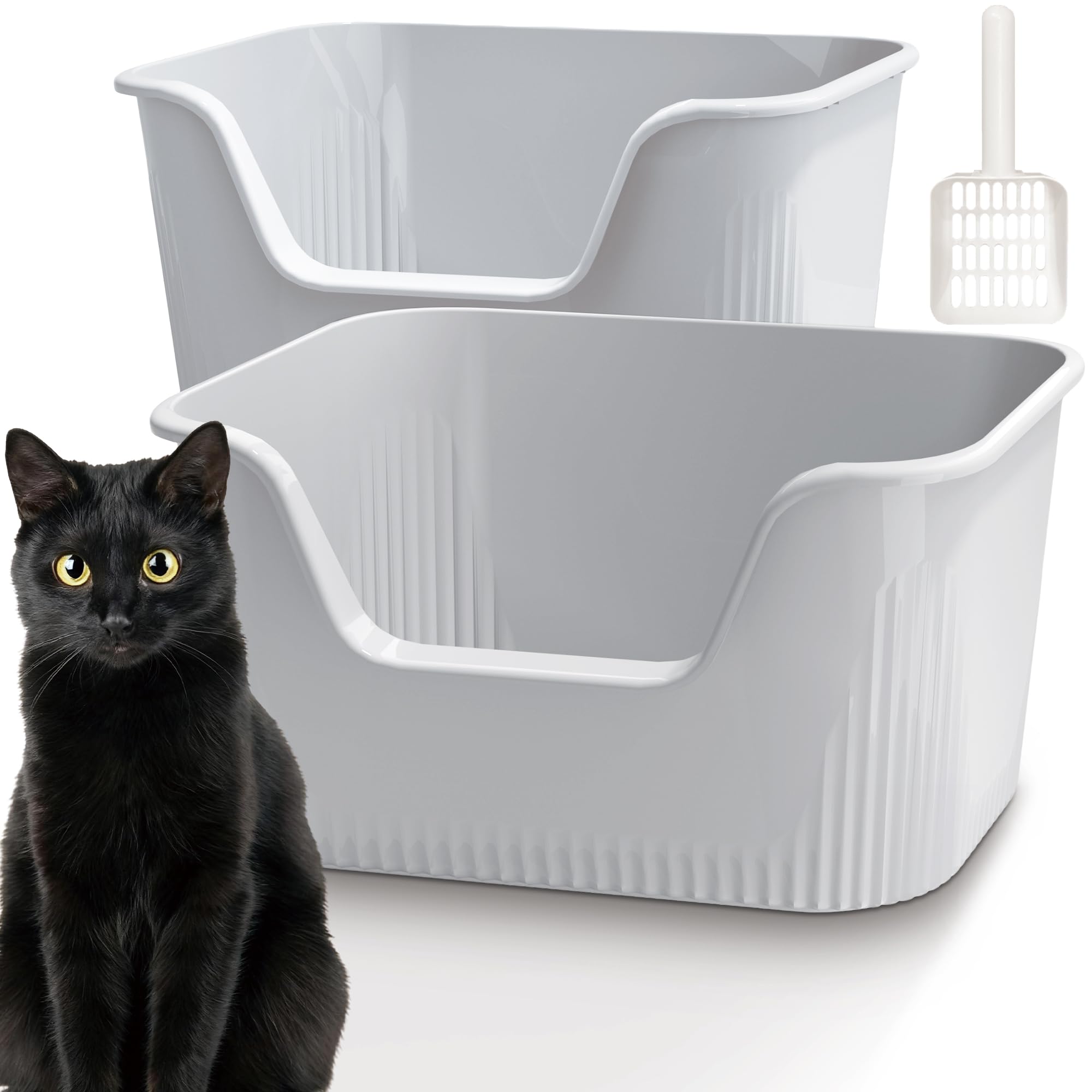 Vealind Cat Litter Tray High Sided with Side Entry 2 PCS Cat Litter Box with Litter Scoop 100% Leak Proof Anti Splash Deep Kitten Litter Tray