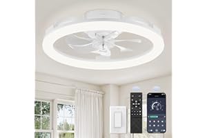 LEDIARY 20 Inch Low Profile Ceiling Fans with Lights and Remote, Dimmable Modern Fan Light(3000K-6000K), 6 Speed, Reversible, APP & Remote Control, Flush Mount Ceiling Fan for Bedroom, White