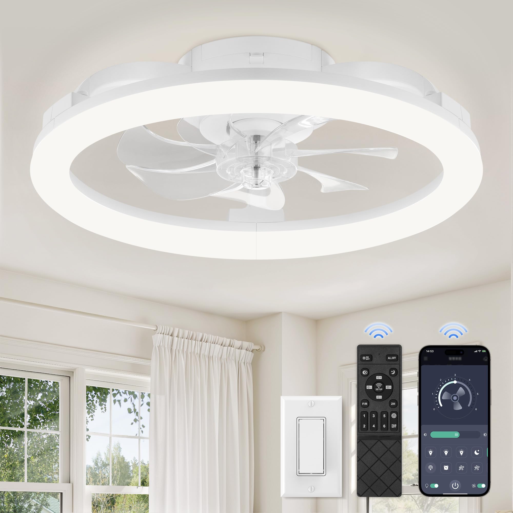 Photo 1 of LEDIARY 20 Inch Low Profile Ceiling Fans with Lights and Remote, Dimmable Modern Fan Light(3000K-6000K), 6 Speed, Reversible, APP & Remote Control, Flush Mount Ceiling Fan for Bedroom, White