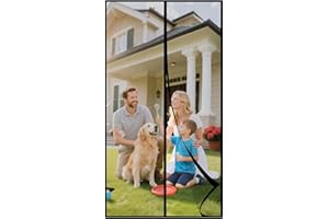 Middle Opening Fiberglass Magnetic Screen Door with Weighted Blocks, Windproof Fastener & Tie-Back Straps, Screen Size 34"x81