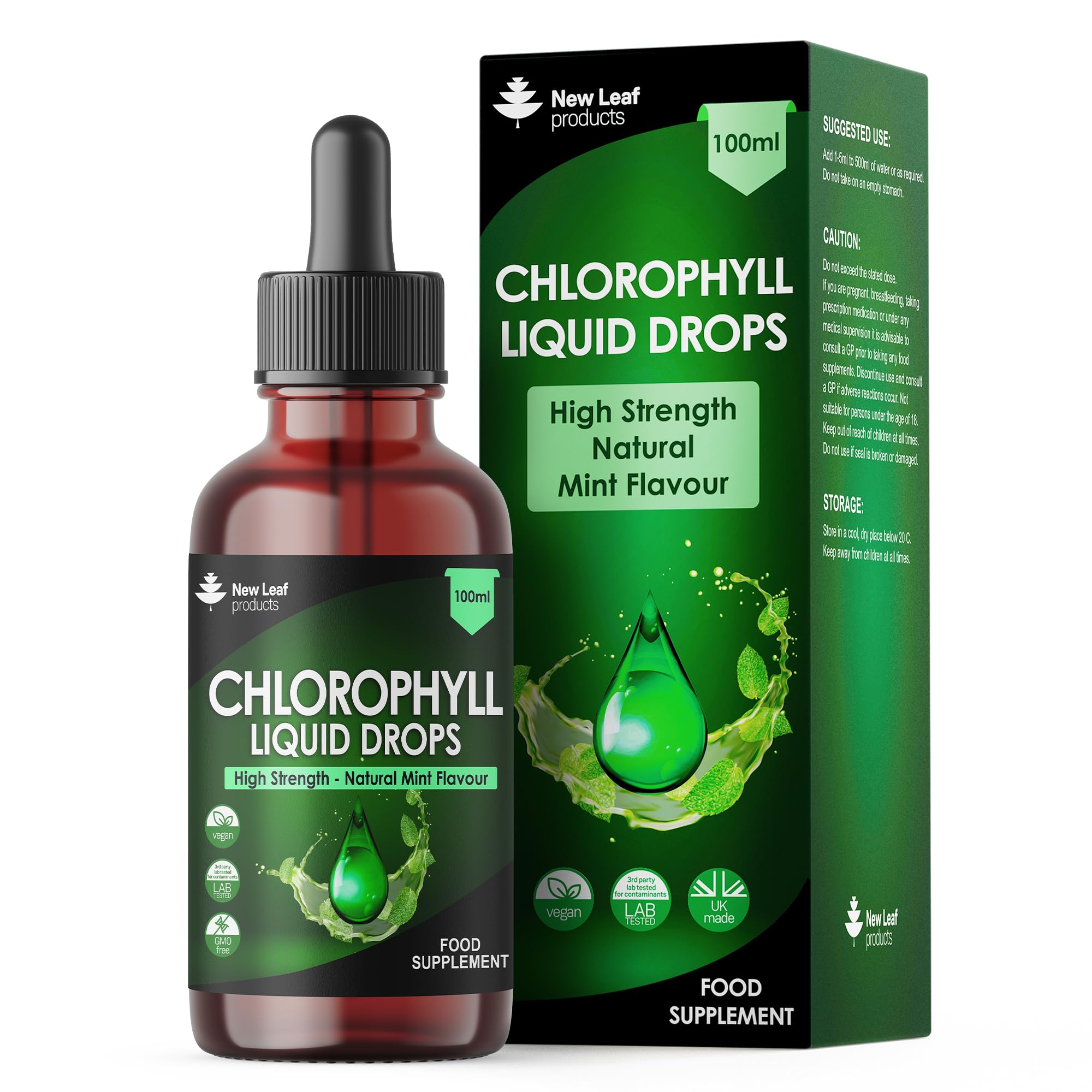 Liquid Chlorophyll - Chlorophyll Drops for Water 100ml for 100 Servings - High Strength 100mg Chlorophyll Liquid Drink - Made in UK by New Leaf Products