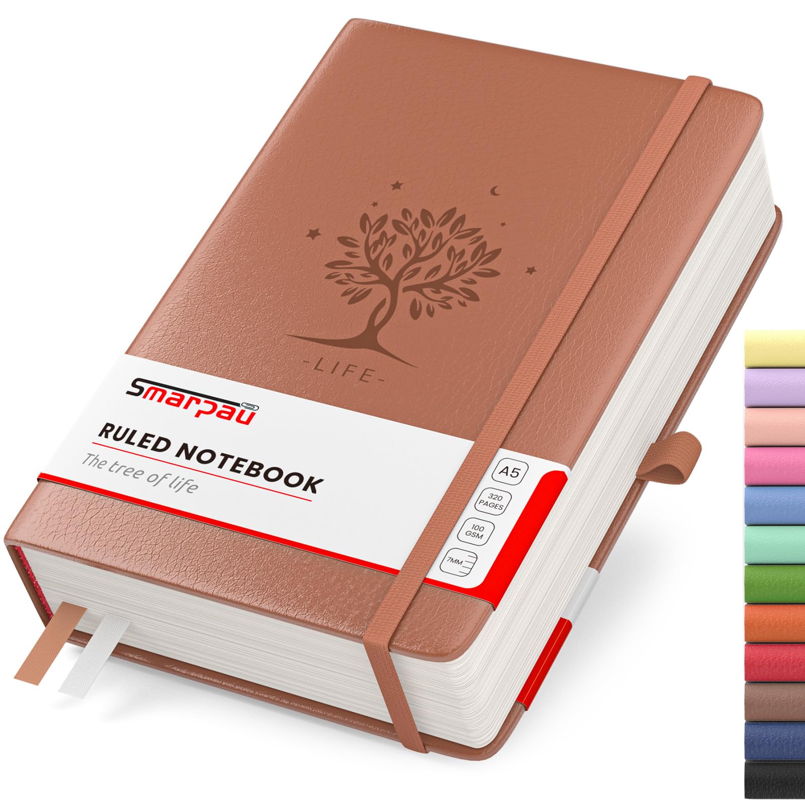 Smarpau Notebook B5 Large Lined Journal, 320 Page Leather Notebook Notepad for for Women Men Writing, 100gsm No Bleed Notepad with Index Pages for Work School Travel, 19 x 25 cm - Brown