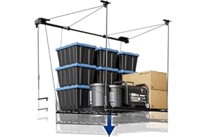 FLEXIMOUNTS GL1 Overhead Garage Lifting Storage Rack, 4x4 Ft Heavy-Duty Metal Garage Ceiling Rack, Adjustable Organization System With 71''L Axle, 300lbs Weight, Black