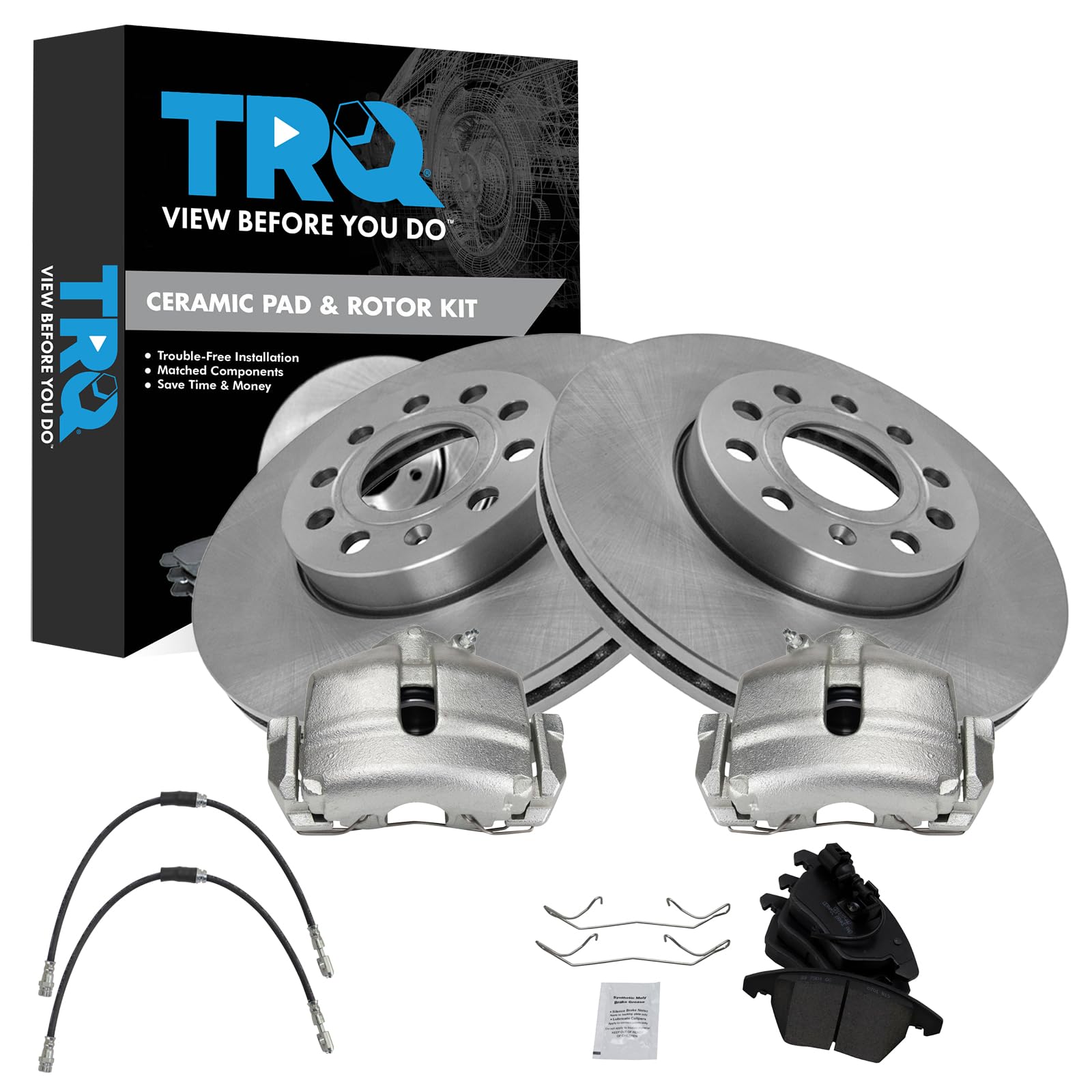 TRQ Front Brake Pad and Rotor Set Ceramic Calipers Compatible with 2012-2019 Volkswagen Beetle 2012-2017 Jetta Image