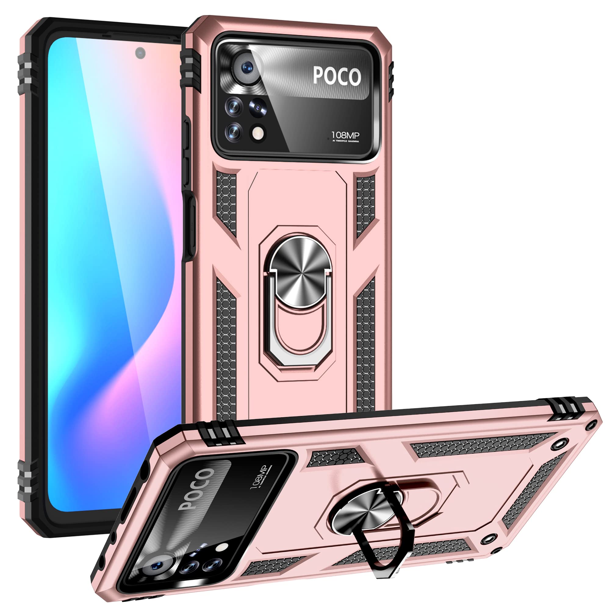 JIAFEI Case Compatible with Xiaomi Poco X4 Pro 5G (6.67"), [Ring bracket Magnetic Car Mount Series] Tough Armour Shockproof Case with 360° Rotating Ring, Rose Gold