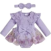 FOMOYUU Infant Newborn Baby Girl Romper Lace Dress Floral Fall Winter Outfits Long Sleeve Clothes with Bow Headband