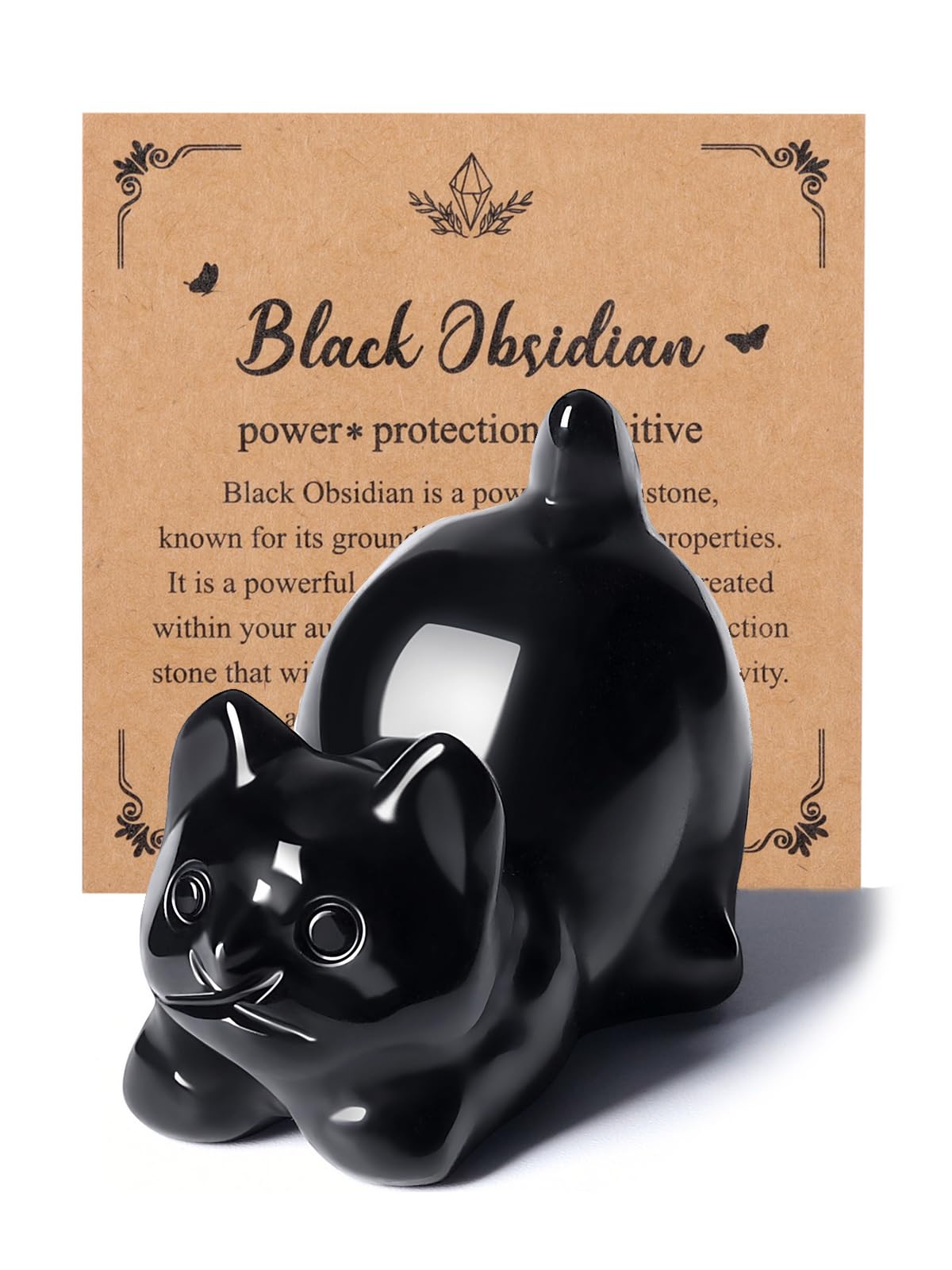 JSDDE Black Obsidian Crystal Cat Figurine for Cat Lovers Cute Gemstone Cat Ornaments for Home Office Cat Statue Gifts