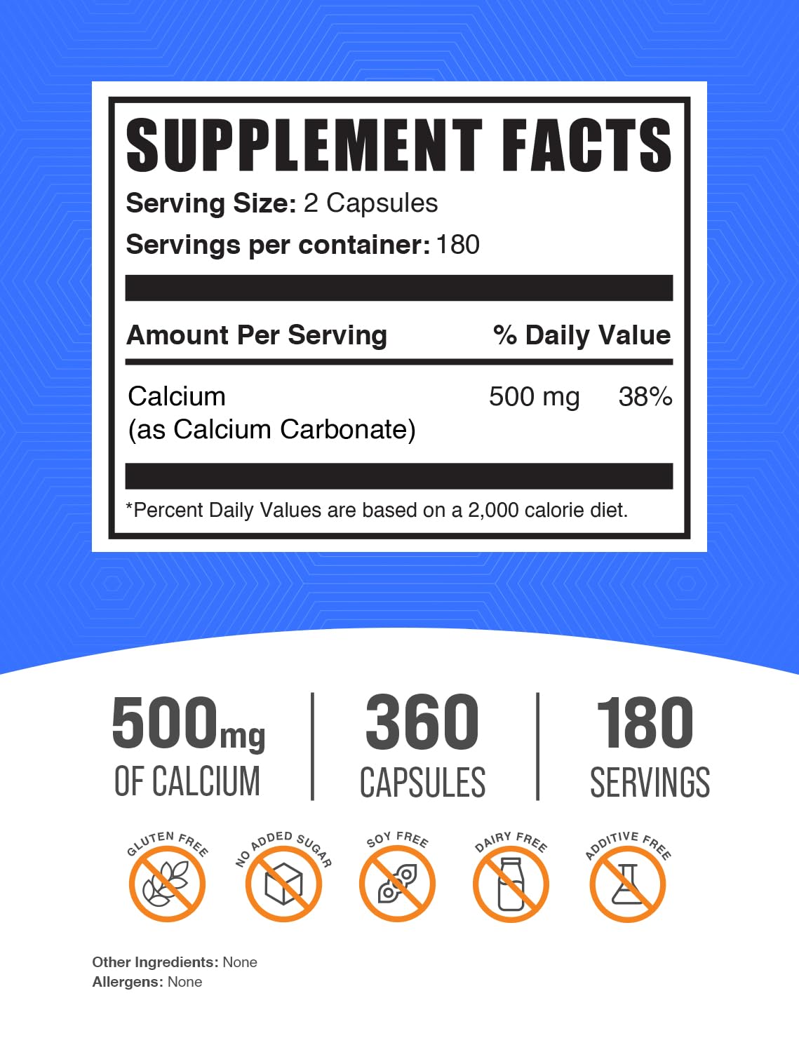 BulkSupplements.com Calcium Carbonate Capsules - Calcium Carbonate Supplement, Calcium Carbonate 500mg - Calcium Supplement, Gluten Free, 2 Capsules per Serving, 360 Capsules (Pack of 1)