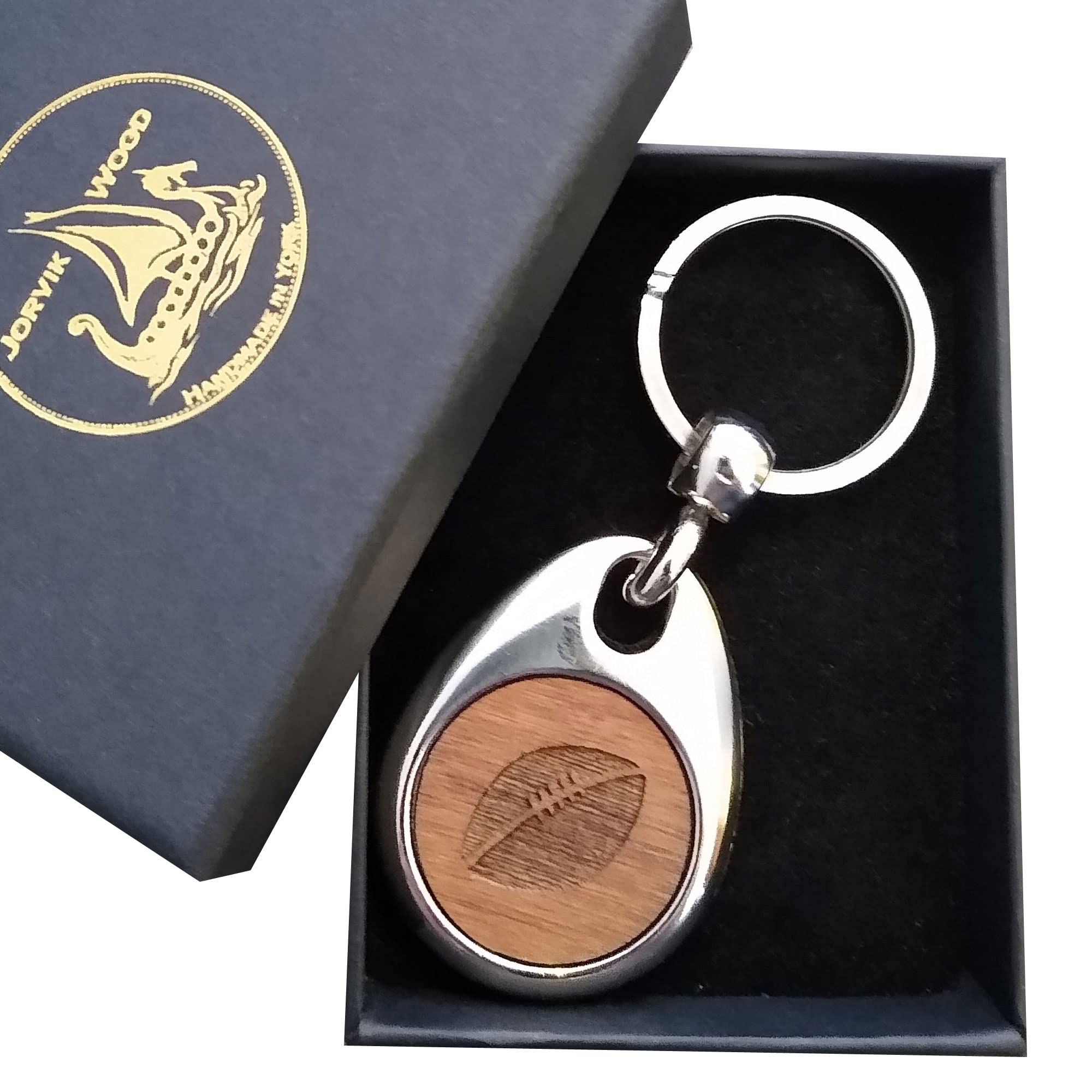 Jorvik Wood Rugby Ball Design Wooden Keyring with Gift Box