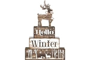 Moucuny 4 Pcs Hello Winter Table Decor Winter Tiered Tray Decor Elk Wooden Decorative Signage Centerpieces Farmhouse Wooden Block Set Table Sign for Home