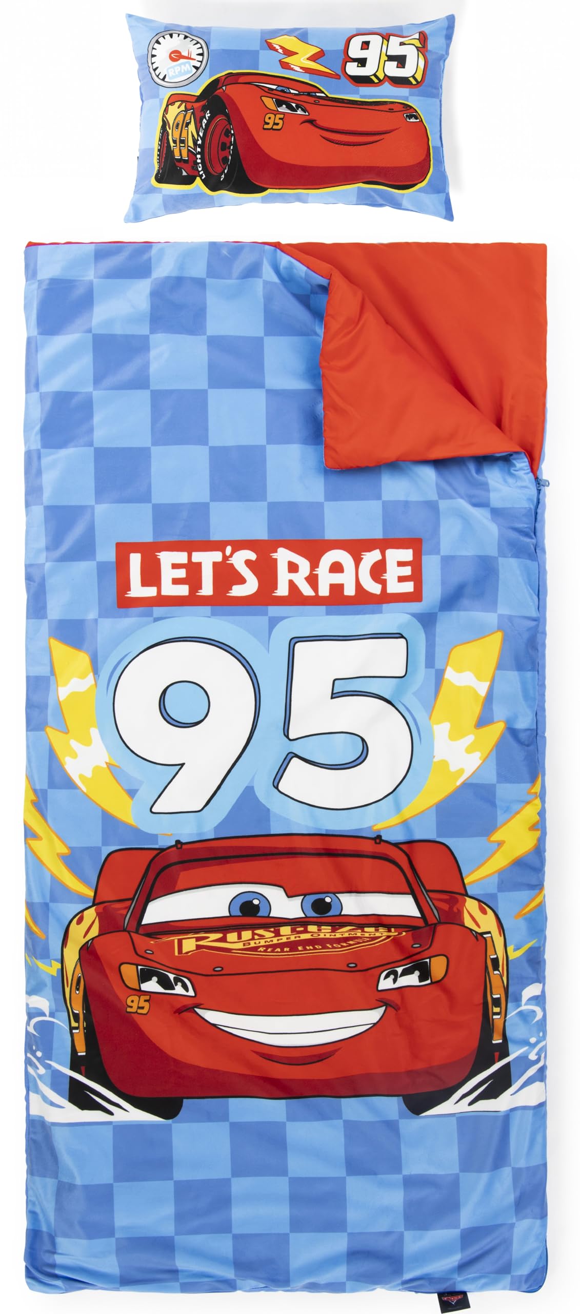 Jay Franco Disney Pixar Cars Children’s Sleeping Bag & Pillow Set – Cosy (137 x 61 cm) Indoor Slumber Bag (43 x 28 cm) Pillow, Ideal for School Trips & Sleepovers – 2-Piece Set