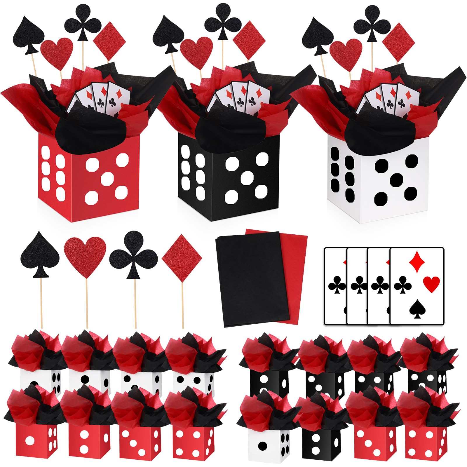 Photo 1 of WinnerWhy 16 Sets Casino Party Decorations Themed Table Centerpieces Casino Night Table Party Toppers with White, Black, Red Dice Box Poker Cutouts and Sticks for Night Decor Birthday