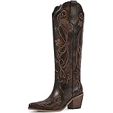 wetkiss Cowboy Boots for Women Knee High Cowgirl Boots, Western Boots with Floral Embroidered Pointed Toe Chunky Heel Pull On Retro Vintage Classic Tall Boots for Ladies