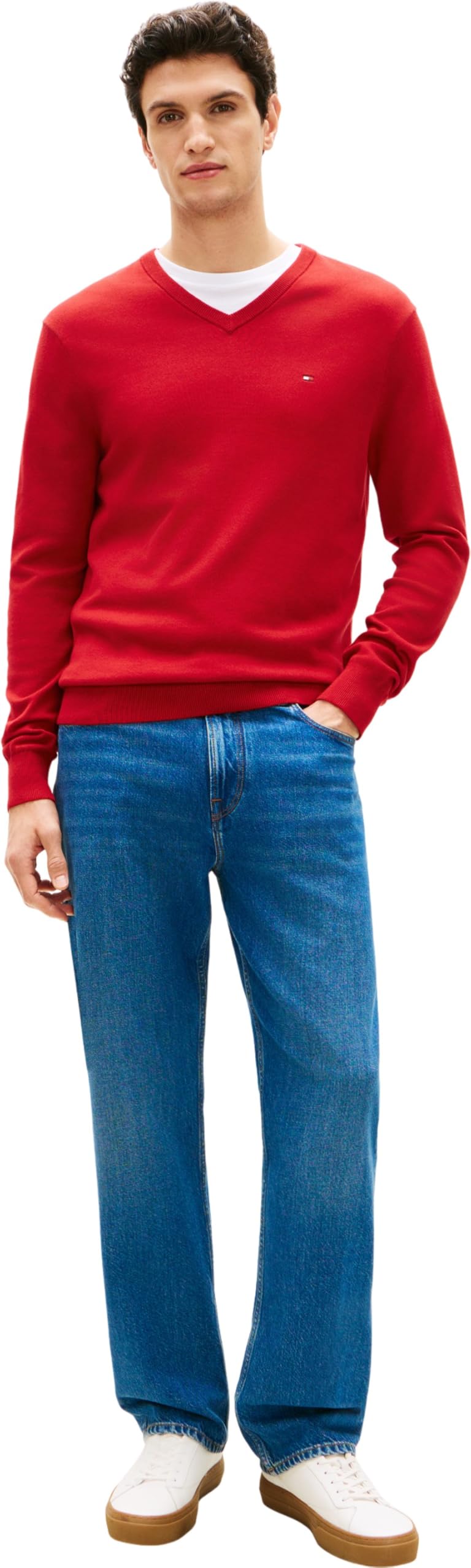 Tommy Hilfiger Herren Pullover Essential Cotton V-Ausschnitt, Rot (Medium Red), S 3