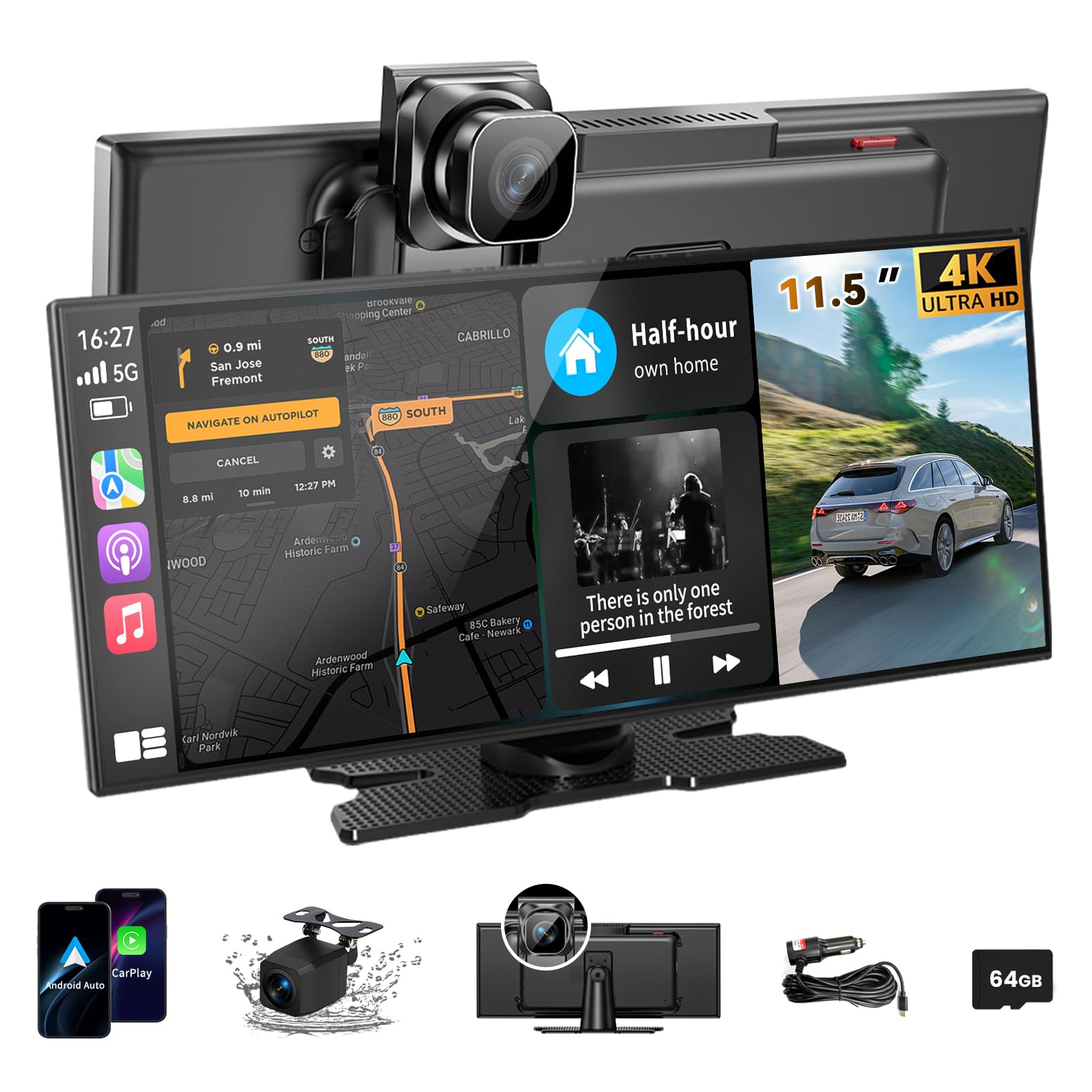 Largest 11.5 inch Wireless CarPlay Screen for Car, A-pple CarPlay & Android Auto HD Touchscreen with 4K Dash Cam/1080P Backup Camera/Navigation/Bluetooth/Voice Control/FM/Mirror Link,for All Vehicles