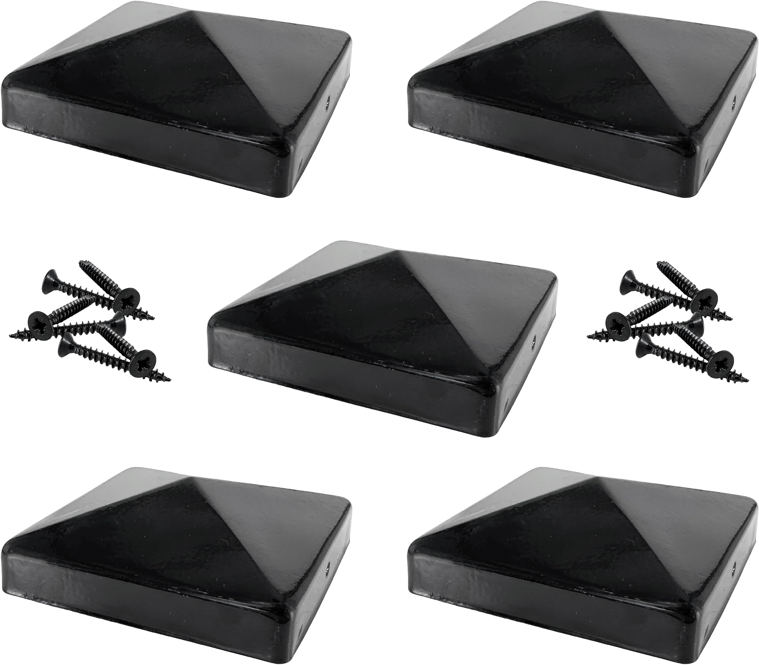IRONTITE® 5 Pack Metal Fence Post Caps 4x4 Black, Newel Post Cap Fence Toppers to Suit 100mm (4") Square Fence Newel Posts. Protect Your Posts with This Pyramid Fence Post Protector (Black)