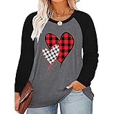 Plus Size Valentines Day Shirt Women Buffalo Plaid Love Heart Graphic Tees Cute Long Sleeve Tops Clothing for Her