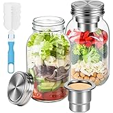 2 Pack Glass Salad Jars with Lids Meal Prep, Glass Mason Jars with Stainless Dressing Cup, 2-in-1 Salad Container for Meal Prep & Lunch, 32oz Mason Jars with Brush
