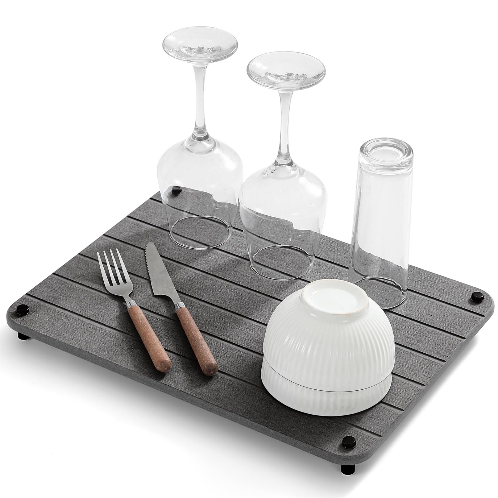 Razborci Stone Dish Drying Mat for Kitchen Counter, Water Absorbing Bathroom Tray Sink Organizer, Diatomaceous Earth Countertop Dish Rack Riser Sponge Holder Soap Dish, Dark Gray, 16" x 12" Image