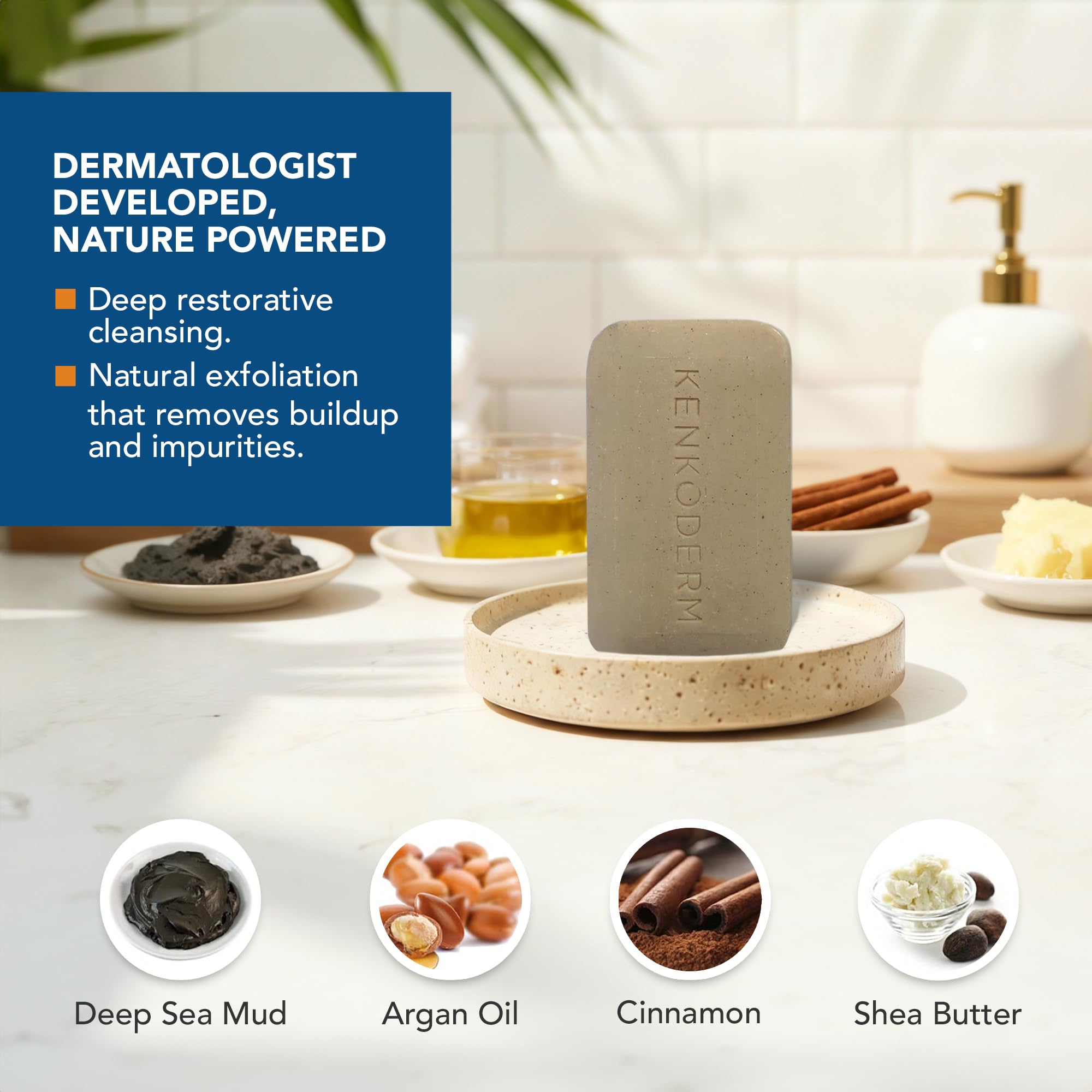 Kenkoderm Psoriasis Dead Sea Mud Soap with Argan Oil & Shea Butter, Natural Exfoliating Body & Face Cleanser for Sensitive Skin, Fragrance & Color-Free, 4.25 Ounce, 1 Bar