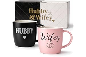 Triple Gifffted Hubby and Wifey Coffee Mugs Set, Mr and Mrs Couples Gift for Wedding, Anniversary, Engagement, Valentines, Ch
