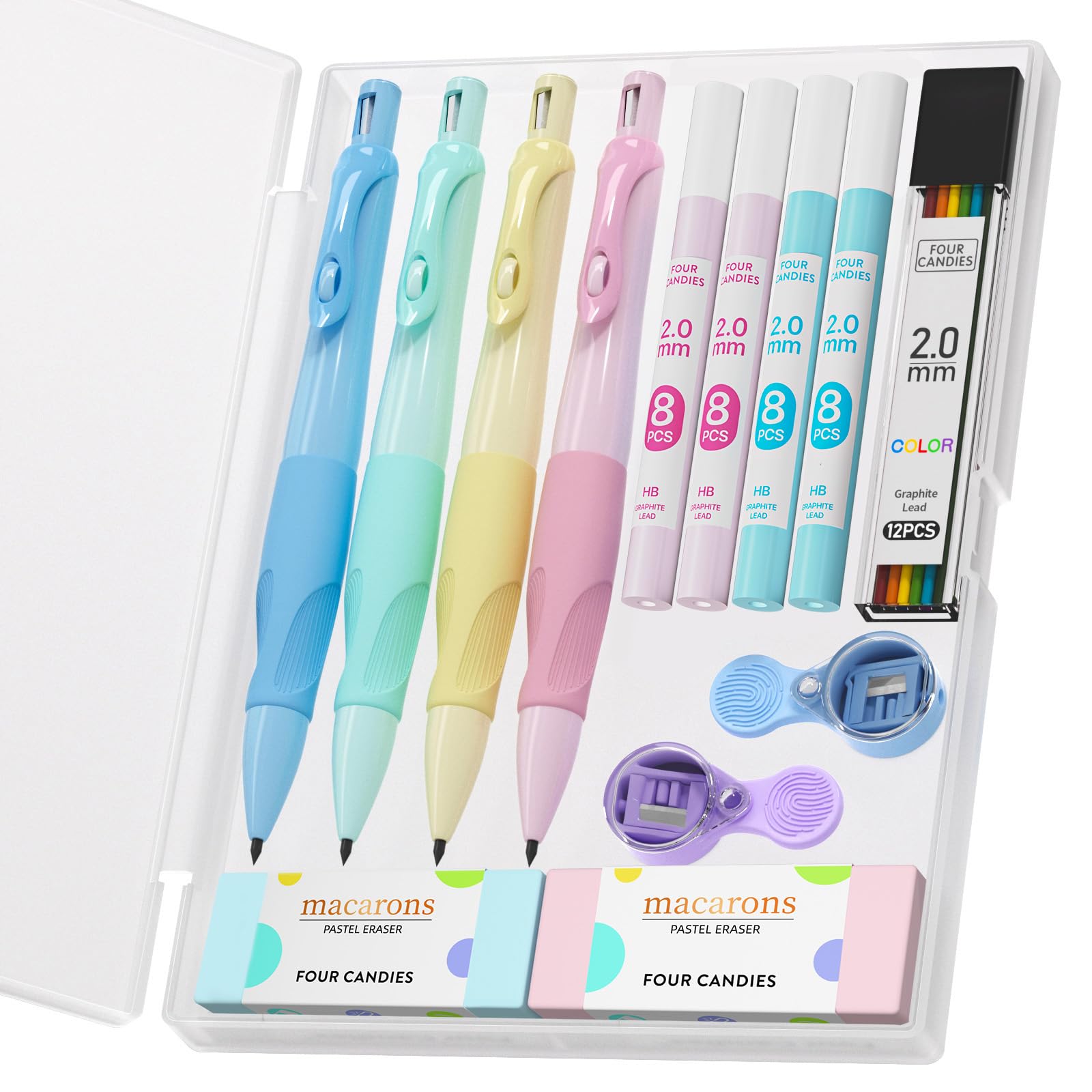 Photo 1 of Four Candies 2.0MM Mechanical Pencil with Comfort Ergonomic Grip, 4PCS Cute Mechanical Pencils with 44PCS Lead Refills, 2PCS Sharpeners/Erasers, Aesthetic School Supplies for Kids Writing Drawing